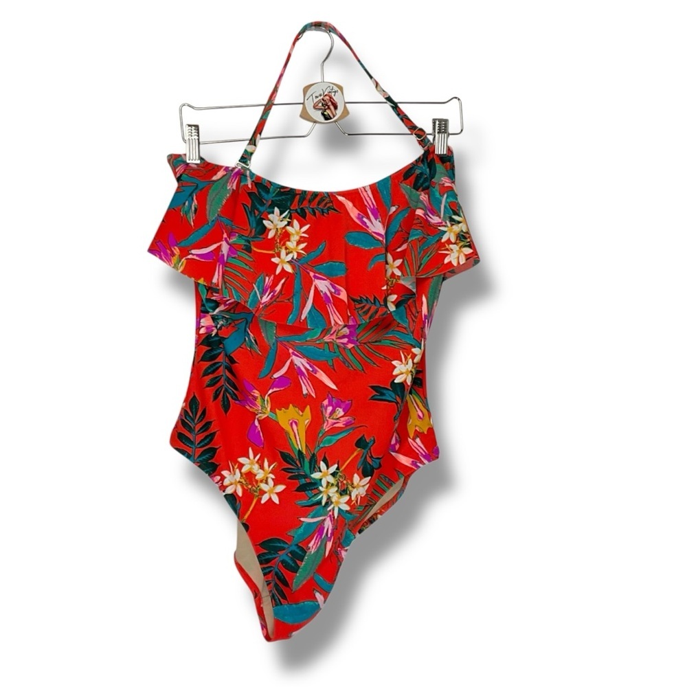 Old Navy Swimsuit Orange Floral Ruffle Tropical‎ One Piece Bathing Suit Size XL